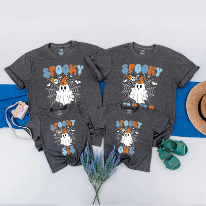Spooky One Ghost 1st Birthday Matching Family Halloween Shirts Retro Orange & Blue Design for Mama, Bro - Playful First Birthday Party Outfit (139 chars)