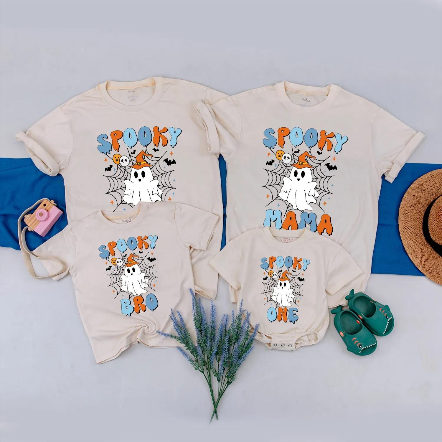Spooky One Ghost 1st Birthday Matching Family Halloween Shirts Retro Orange & Blue Design for Mama, Bro - Playful First Birthday Party Outfit (139 chars)