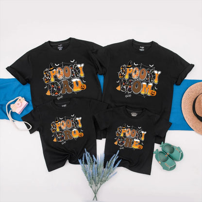 Spooky One Halloween Birthday Matching Family Shirts, Retro 1st Birthday Spooky Vibes Outfit, Dad, Mom, Sis, Black Orange Bats Pumpkins Spider Webs (138 chars)