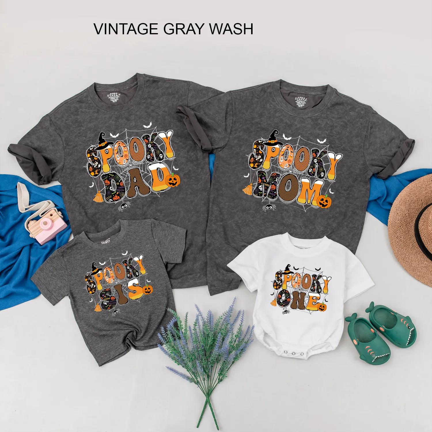 Spooky One Halloween Birthday Matching Family Shirts, Retro 1st Birthday Spooky Vibes Outfit, Dad, Mom, Sis, Black Orange Bats Pumpkins Spider Webs (138 chars)