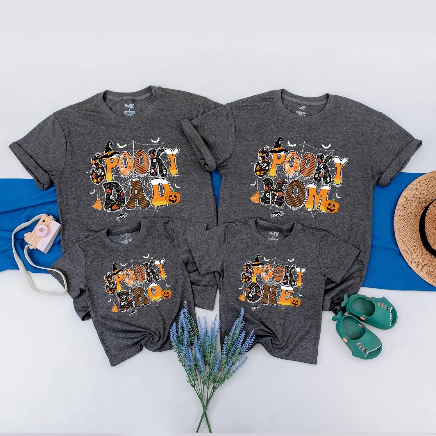 Spooky One Halloween Birthday Matching Family Shirts, Retro 1st Birthday Spooky Vibes Outfit, Dad, Mom, Sis, Black Orange Bats Pumpkins Spider Webs (138 chars)