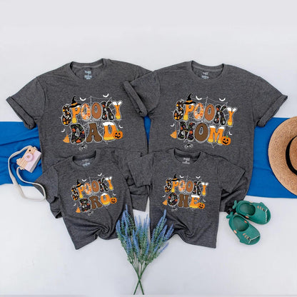 Spooky One Halloween Birthday Matching Family Shirts, Retro 1st Birthday Spooky Vibes Outfit, Dad, Mom, Sis, Black Orange Bats Pumpkins Spider Webs (138 chars)