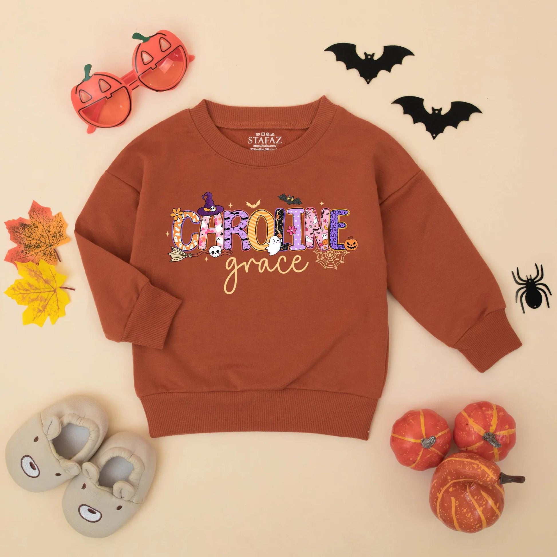 Personalized Halloween Baby Romper, "Caroline Grace" Spooky Name Design, Custom First Halloween Bodysuit, Whimsical Fall Outfit, Unique Baby Gift Idea (138 chars)