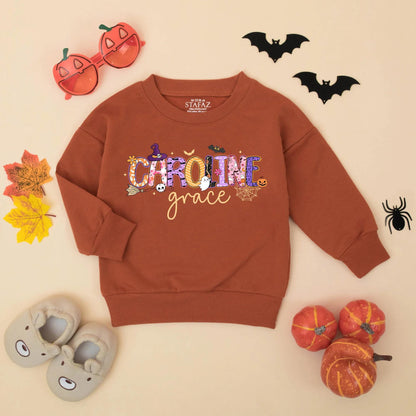 Personalized Halloween Baby Romper, "Caroline Grace" Spooky Name Design, Custom First Halloween Bodysuit, Whimsical Fall Outfit, Unique Baby Gift Idea (138 chars)