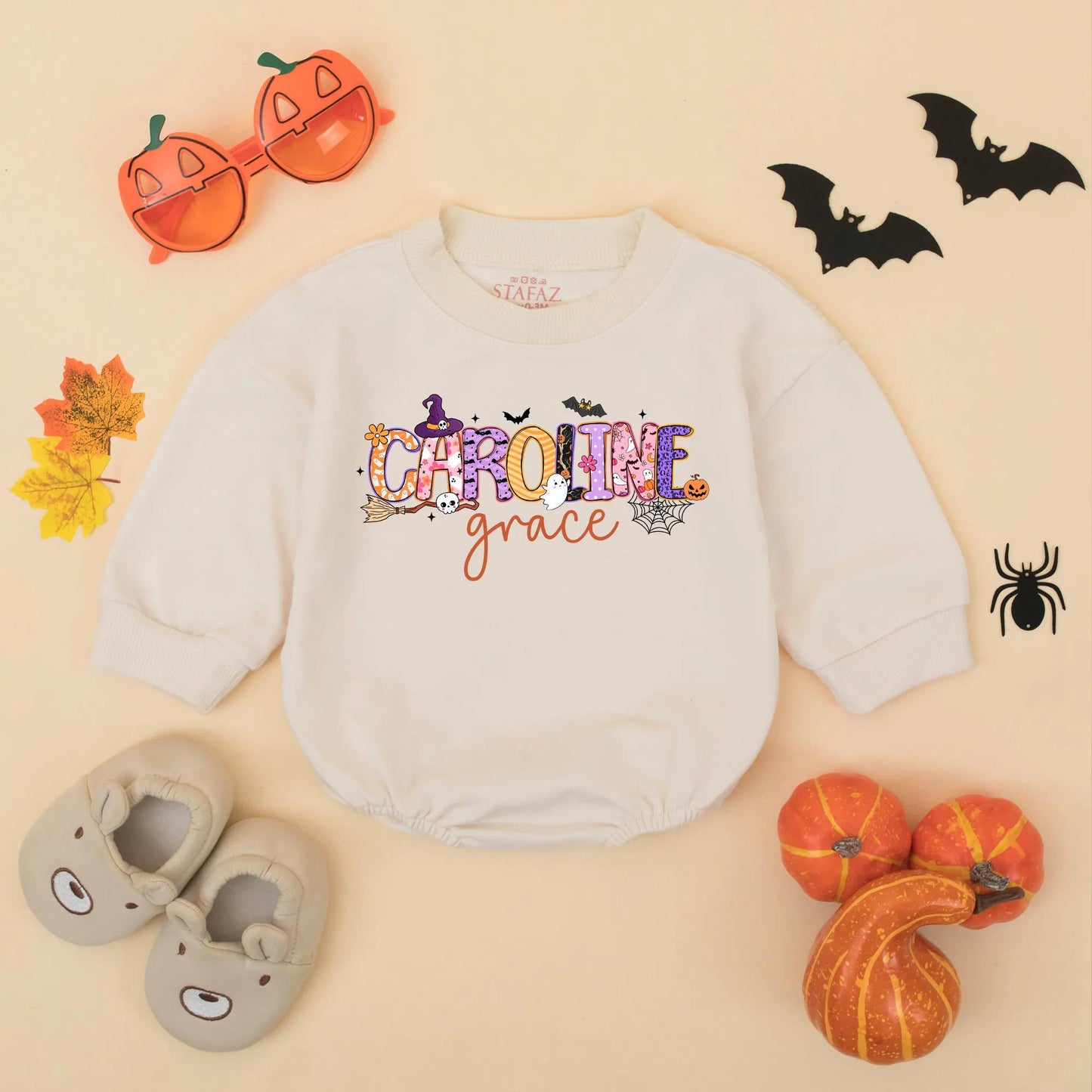 Personalized Halloween Baby Romper, "Caroline Grace" Spooky Name Design, Custom First Halloween Bodysuit, Whimsical Fall Outfit, Unique Baby Gift Idea (138 chars)
