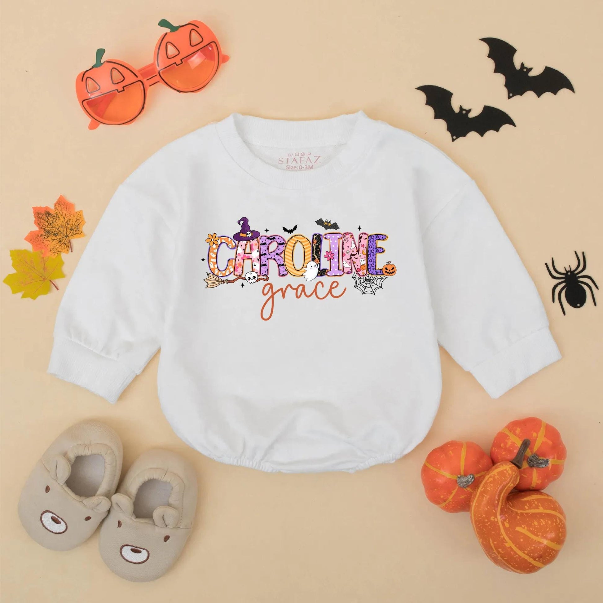 Personalized Halloween Baby Romper, "Caroline Grace" Spooky Name Design, Custom First Halloween Bodysuit, Whimsical Fall Outfit, Unique Baby Gift Idea (138 chars)