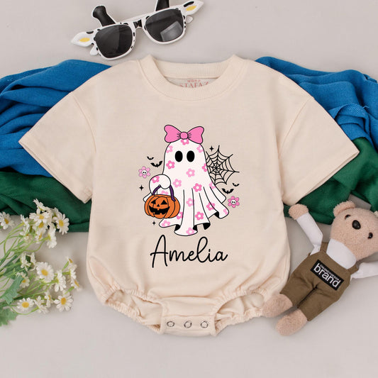 Personalized Baby Girl Halloween Romper Cute Ghost with Pink Bow & Flowers Jack-o-Lantern Spooky Season Name Outfit Newborn Shower Gift