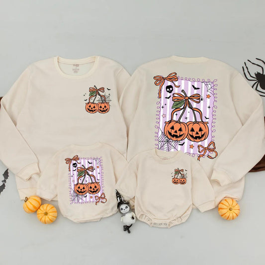 Retro Pumpkin Cherries Sweatshirt Spooky Season Family Matching Halloween Shirt Adorable Pumpkin Bow Mommy and Me Fall Outfits