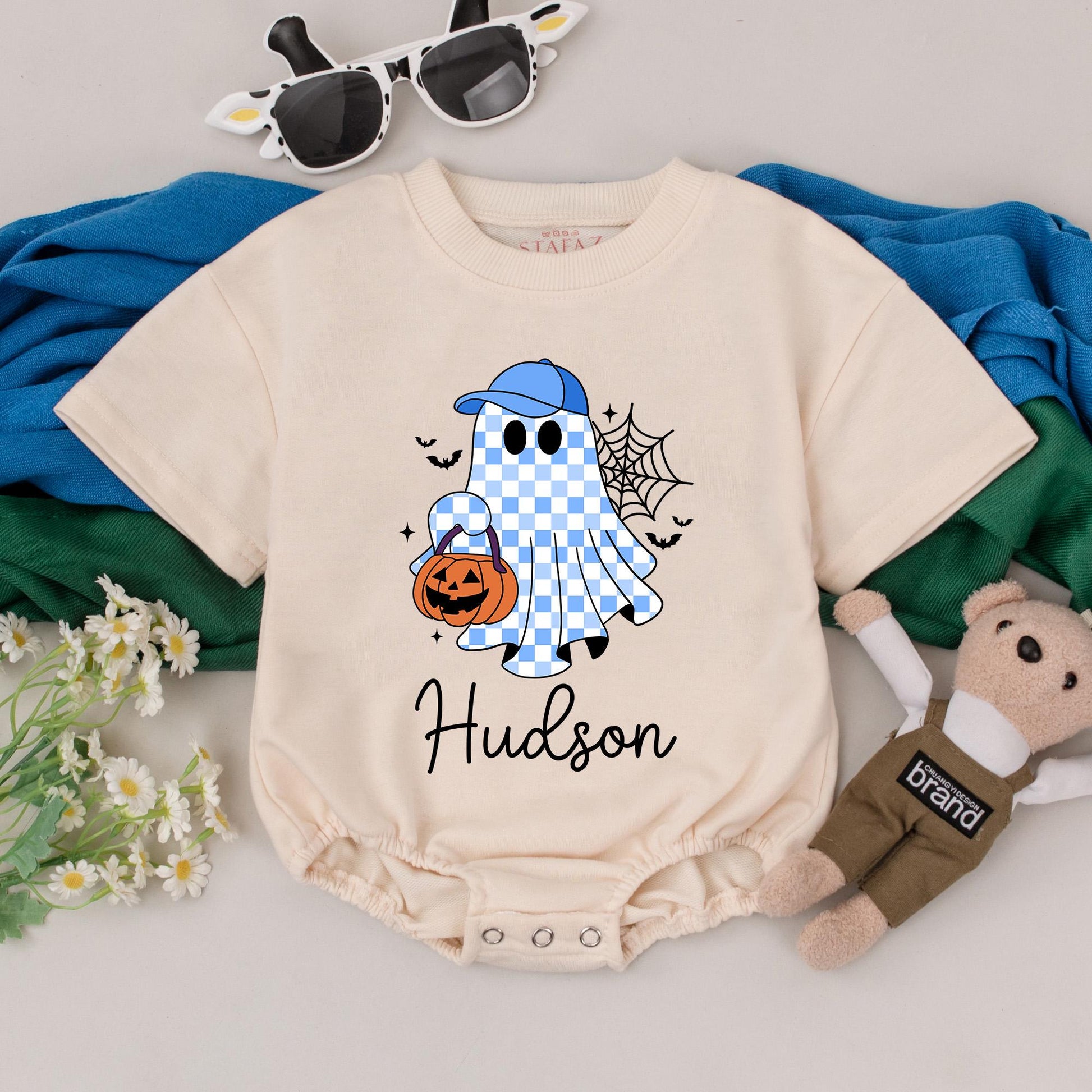 Personalized Hudson's Halloween Romper: Cute Ghost with Jack-o-Lantern Outfit, Spooky Season Baby Boy Clothes, Custom Name First Halloween Gift