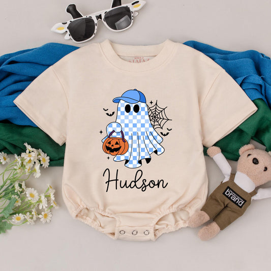 Personalized Hudson's Halloween Romper: Cute Ghost with Jack-o-Lantern Outfit, Spooky Season Baby Boy Clothes, Custom Name First Halloween Gift