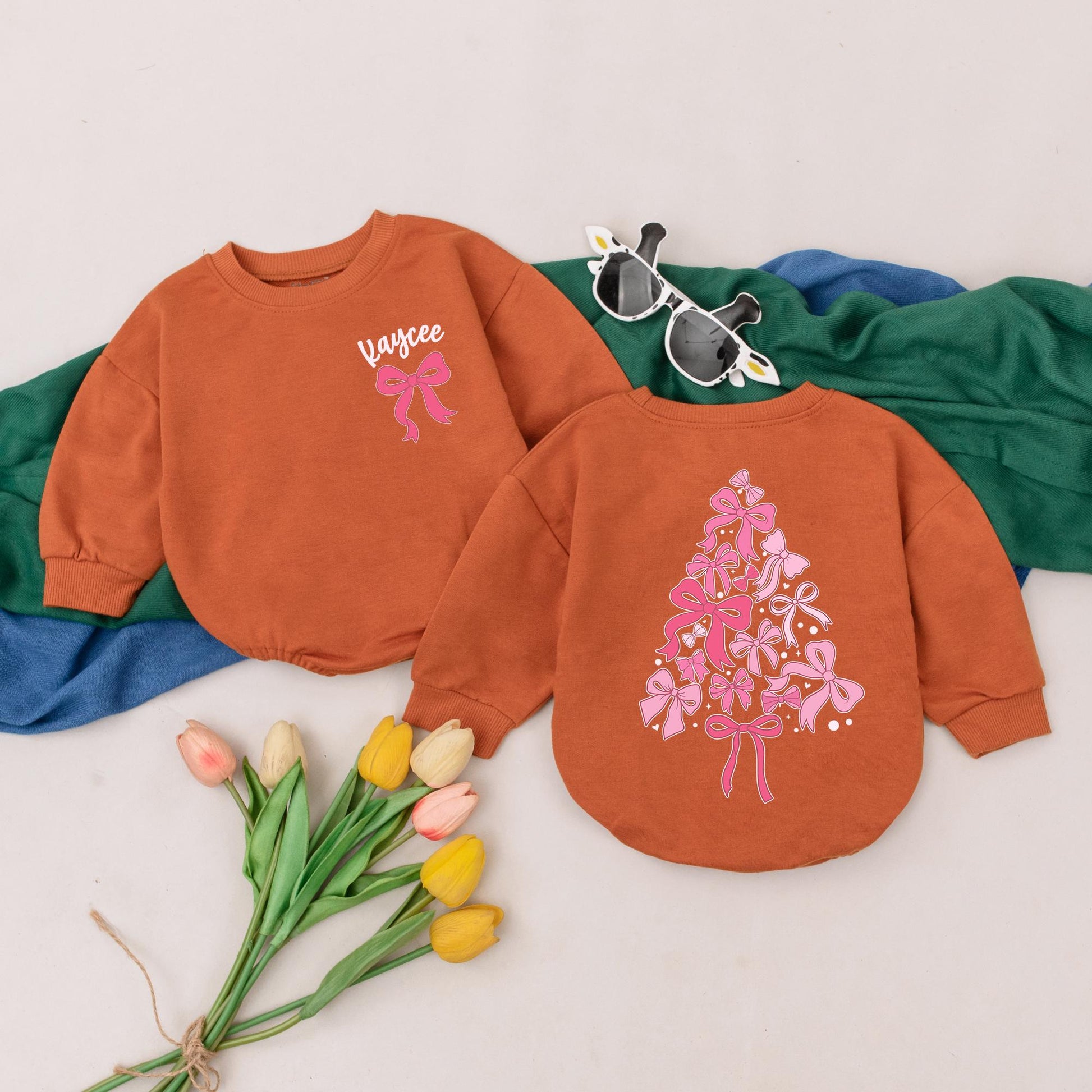 Custom Pink Bow Christmas Tree Baby Romper My First Christmas Outfit Girl Bodysuit Baby Shower Gift