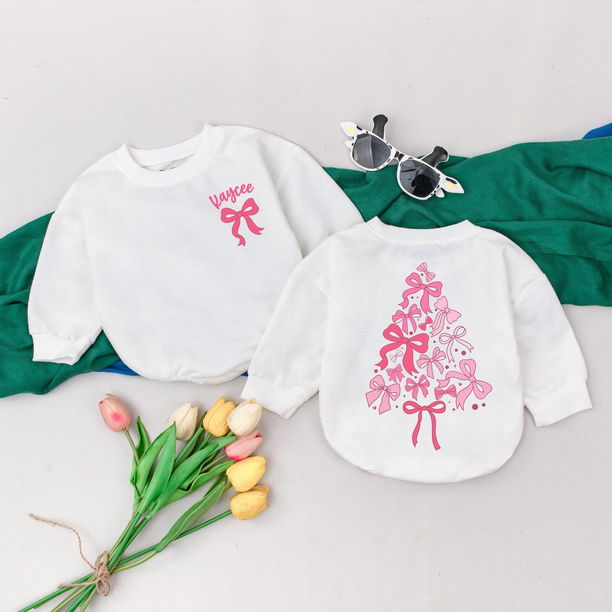 Custom Pink Bow Christmas Tree Baby Romper My First Christmas Outfit Girl Bodysuit Baby Shower Gift