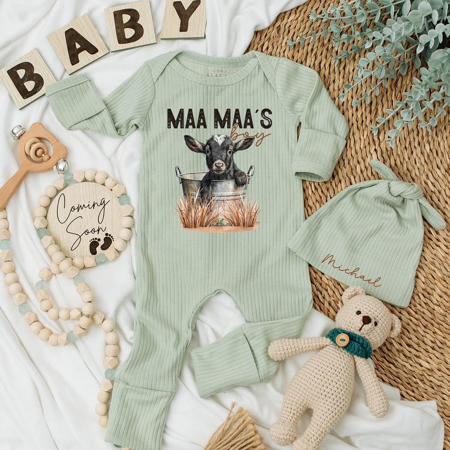 Maa Maa's Boy Baby Bodysuit with Cute Country Farm Goat Graphic Print, Newborn Romper for Baby Coming Home & Shower Gift Celebration