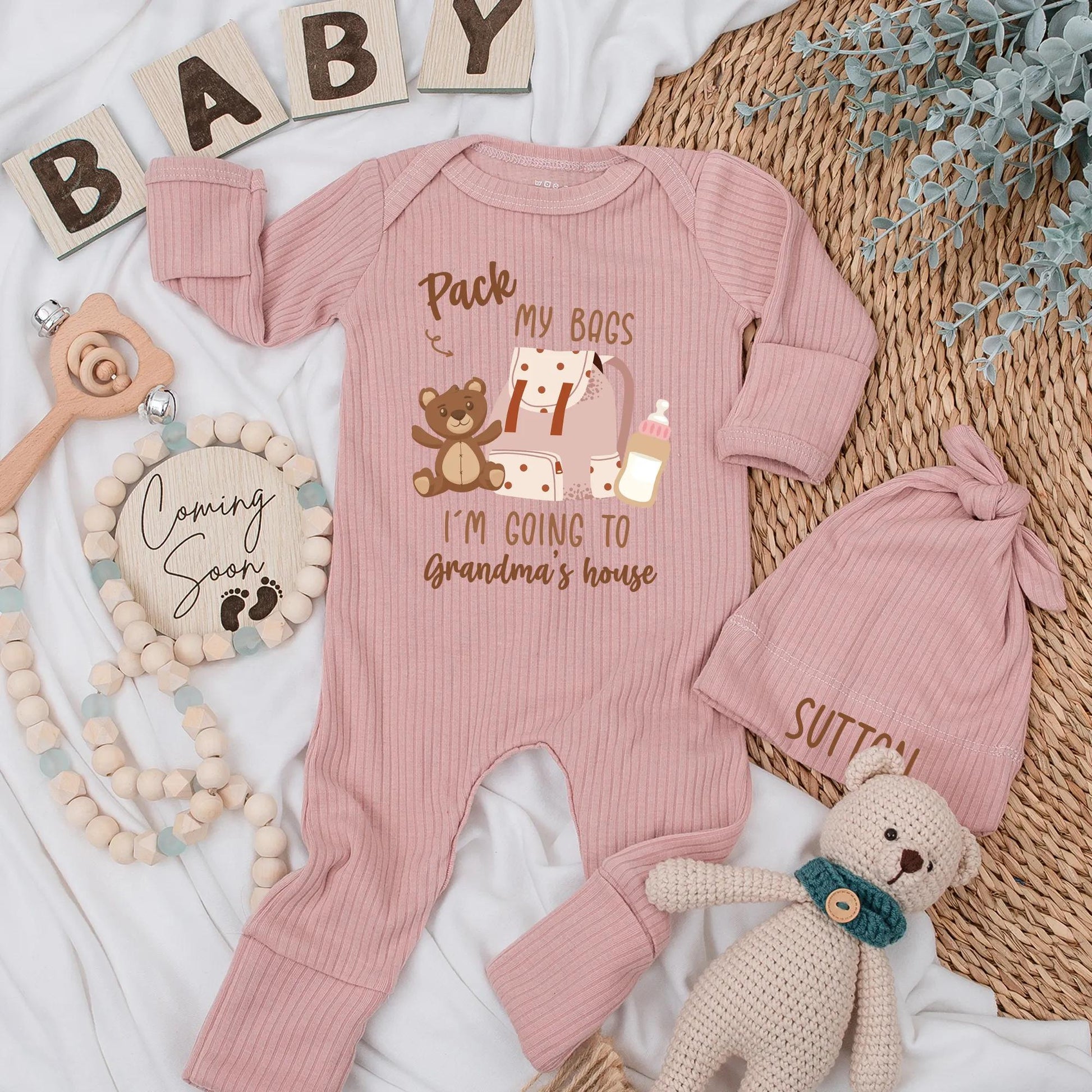 Grandma's House Baby Bodysuit: Pack My Bags Cute Newborn Outfit, Soft Cotton Coming Home Clothes, Funny Grandparent Gift, Neutral Colors 136