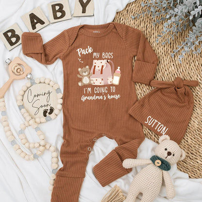 Grandma's House Baby Bodysuit: Pack My Bags Cute Newborn Outfit, Soft Cotton Coming Home Clothes, Funny Grandparent Gift, Neutral Colors 136