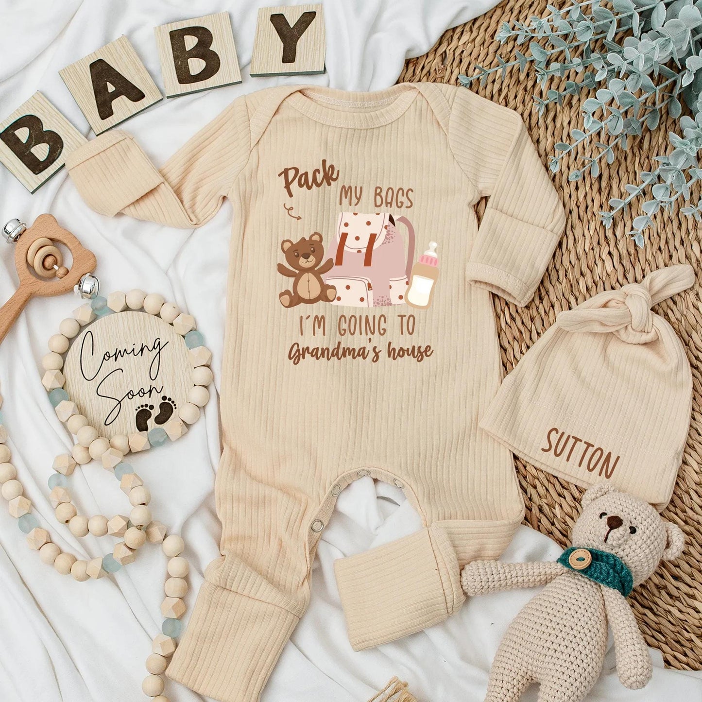 Grandma's House Baby Bodysuit: Pack My Bags Cute Newborn Outfit, Soft Cotton Coming Home Clothes, Funny Grandparent Gift, Neutral Colors 136