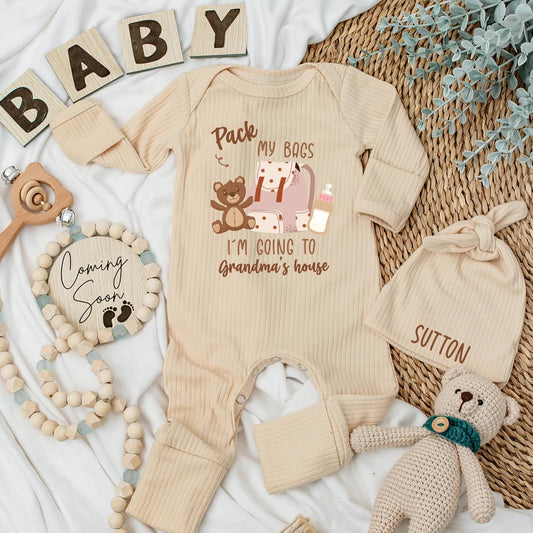 Grandma's House Baby Bodysuit: Pack My Bags Cute Newborn Outfit, Soft Cotton Coming Home Clothes, Funny Grandparent Gift, Neutral Colors 136