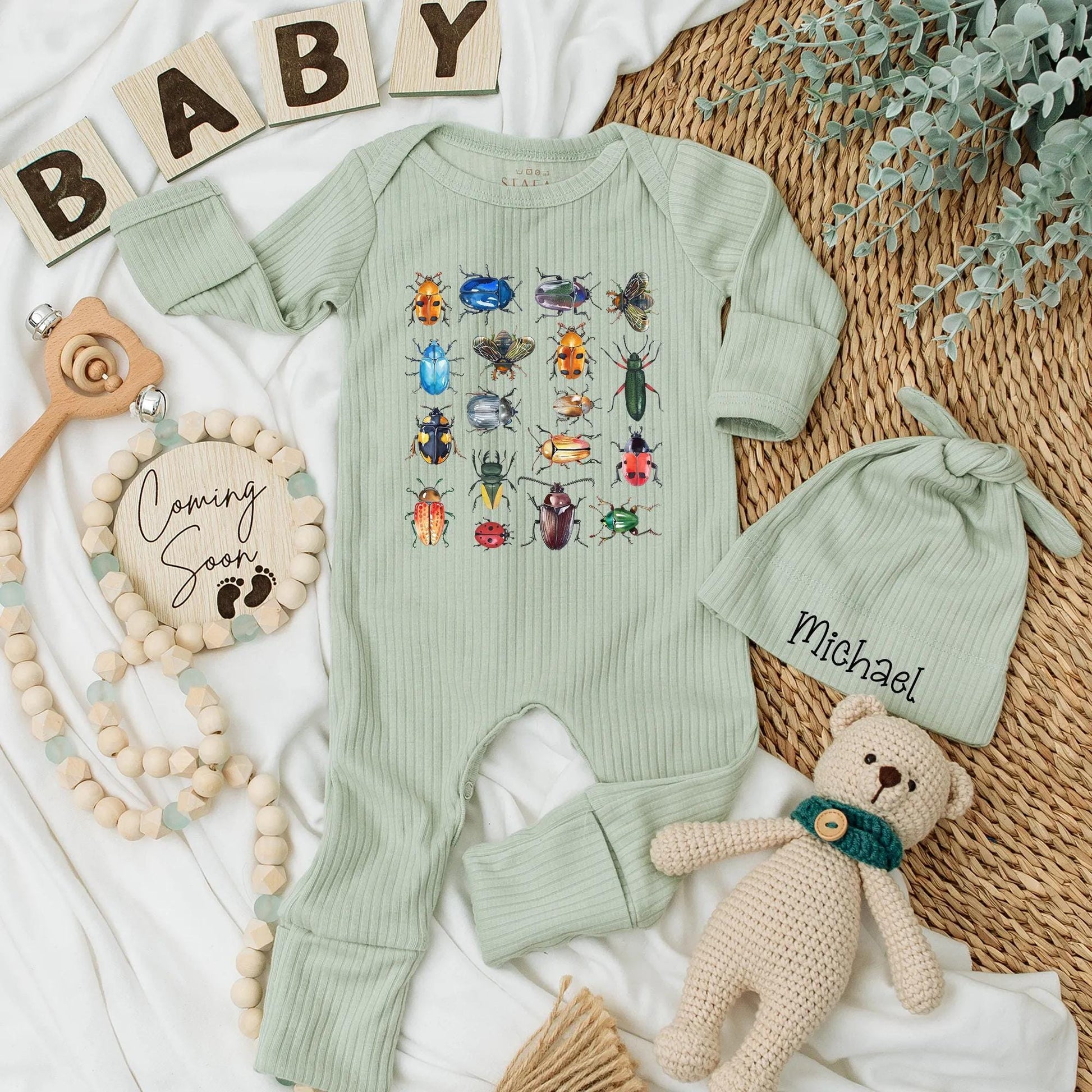 Personalized Baby Insect Bodysuit Colorful Bugs Newborn Outfit with Realistic Beetle Grid Illustrations, Baby Shower Gift & Coming Home