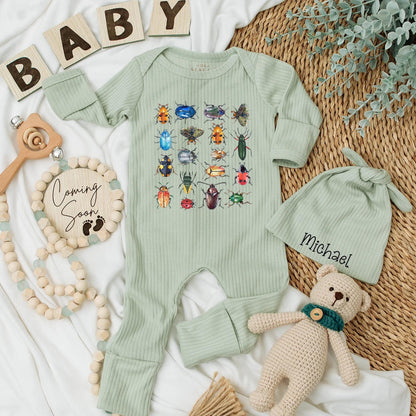 Personalized Baby Insect Bodysuit Colorful Bugs Newborn Outfit with Realistic Beetle Grid Illustrations, Baby Shower Gift & Coming Home