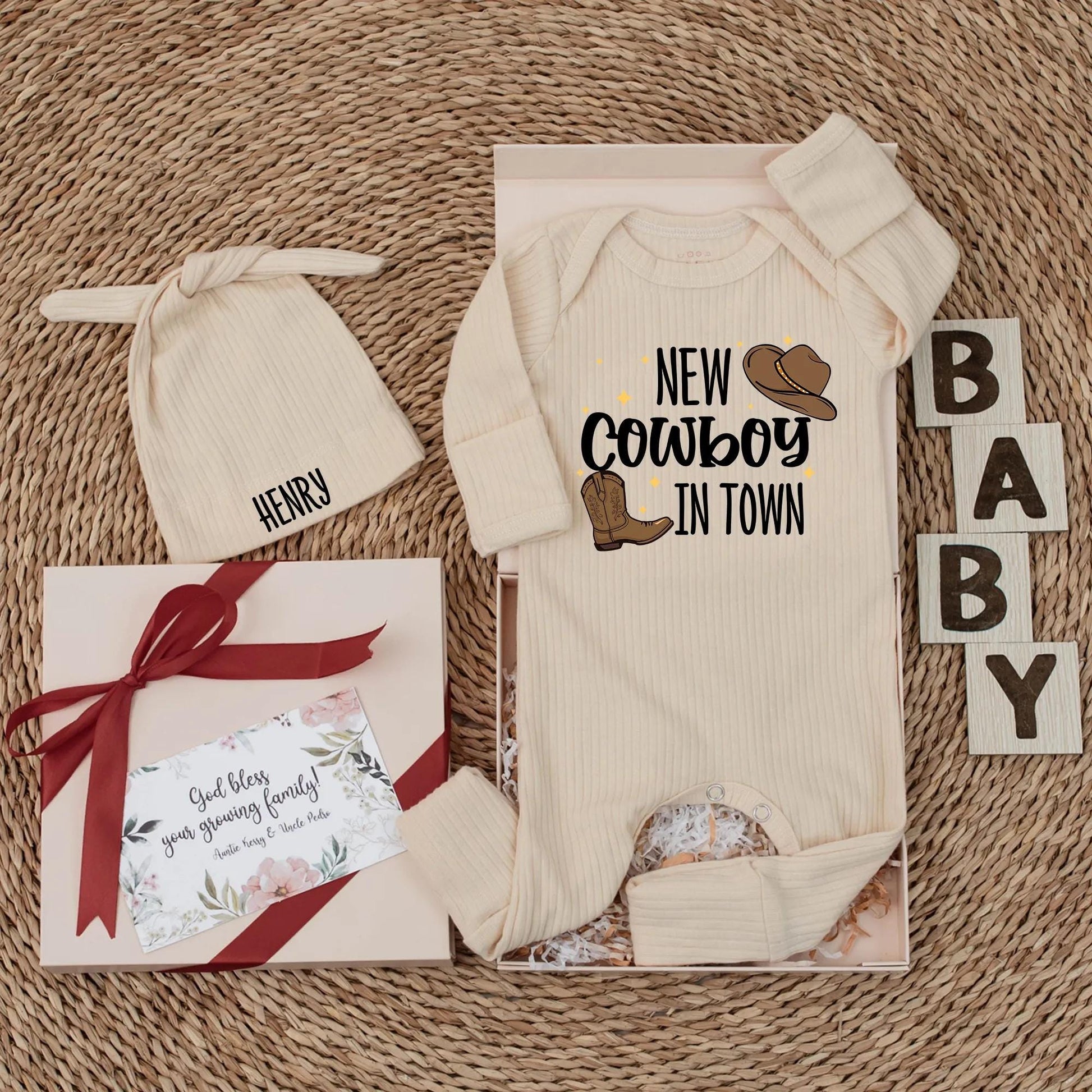 Personalized New Cowboy in Town Baby Bodysuit with Cute Western Hat & Boot Design Sweet Rodeo Newborn Country Boy Shower Gift Coming Home Outfit