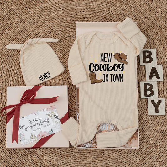 Personalized New Cowboy in Town Baby Bodysuit with Cute Western Hat & Boot Design Sweet Rodeo Newborn Country Boy Shower Gift Coming Home Outfit