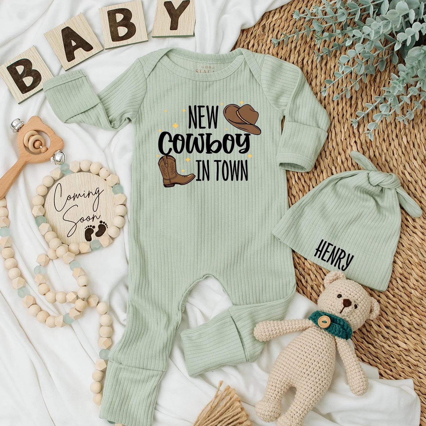 Personalized New Cowboy in Town Baby Bodysuit with Cute Western Hat & Boot Design Sweet Rodeo Newborn Country Boy Shower Gift Coming Home Outfit