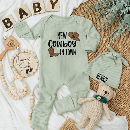 Personalized New Cowboy in Town Baby Bodysuit with Cute Western Hat & Boot Design Sweet Rodeo Newborn Country Boy Shower Gift Coming Home Outfit