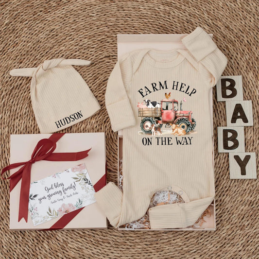 Farm Help On The Way Baby Bodysuit, Vintage Farm Animal Newborn Outfit with Red Tractor, Cow, Pig for Country Baby Announcement Gift