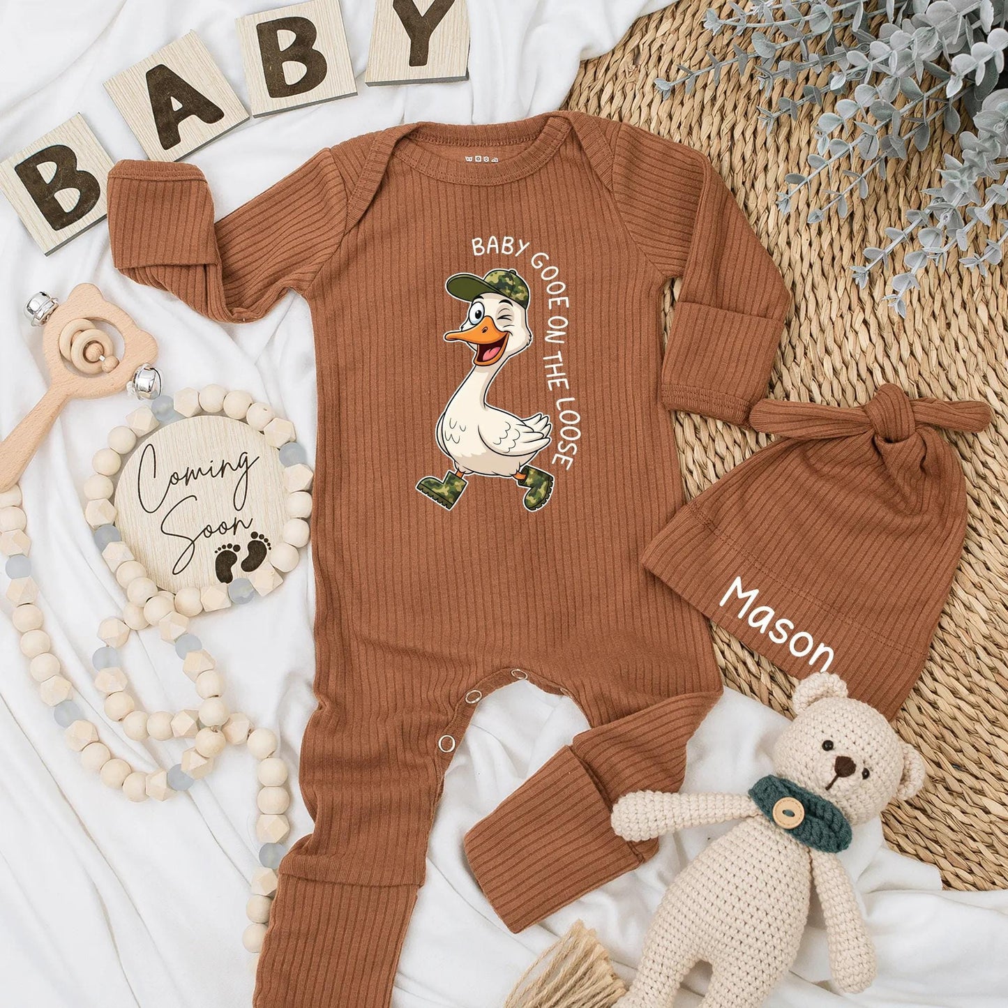 Personalized Baby Goose on the Loose Bodysuit Funny Cartoon Goose Winking Newborn Outfit Baby Boy Clothes Perfect Shower Gift
