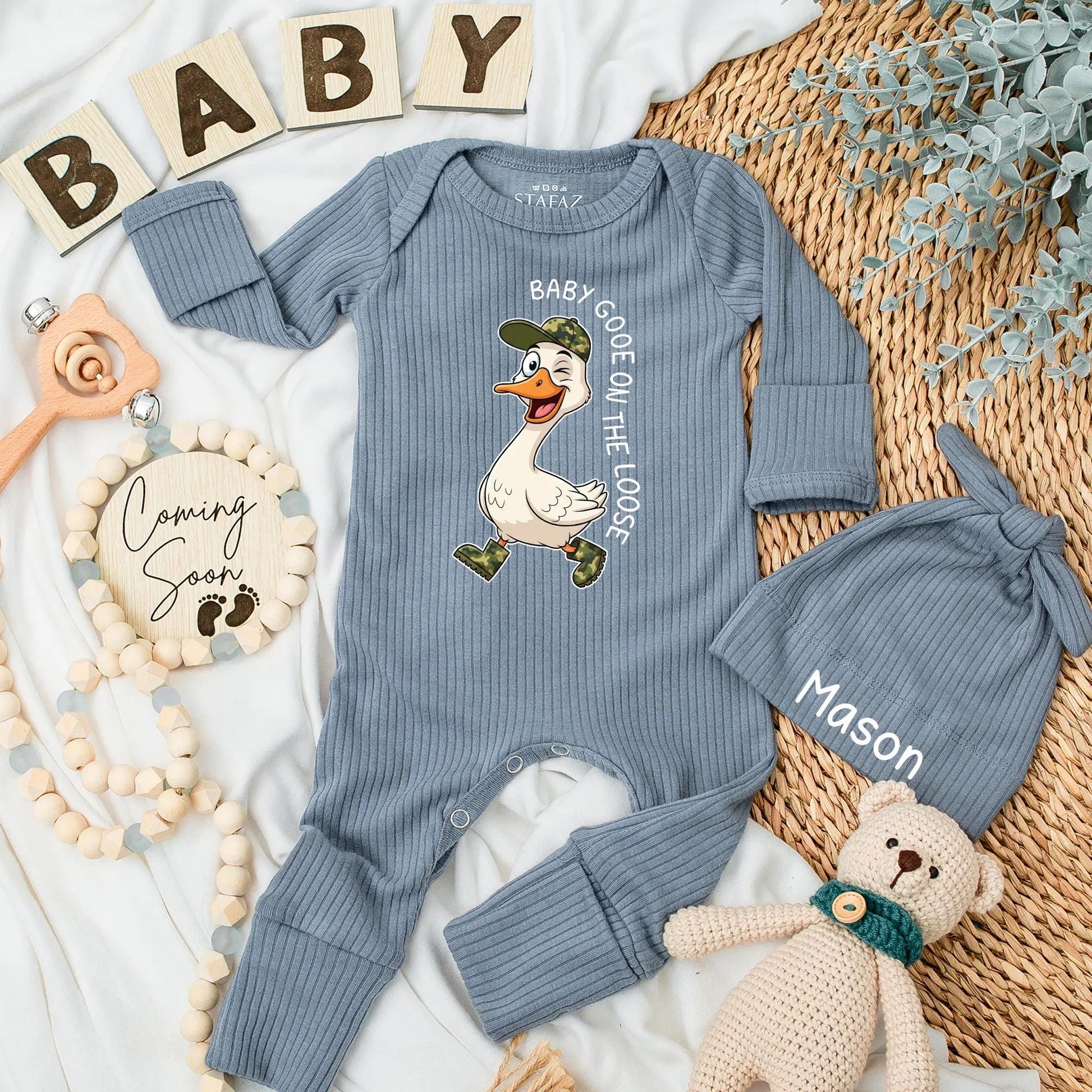 Personalized Baby Goose on the Loose Bodysuit Funny Cartoon Goose Winking Newborn Outfit Baby Boy Clothes Perfect Shower Gift