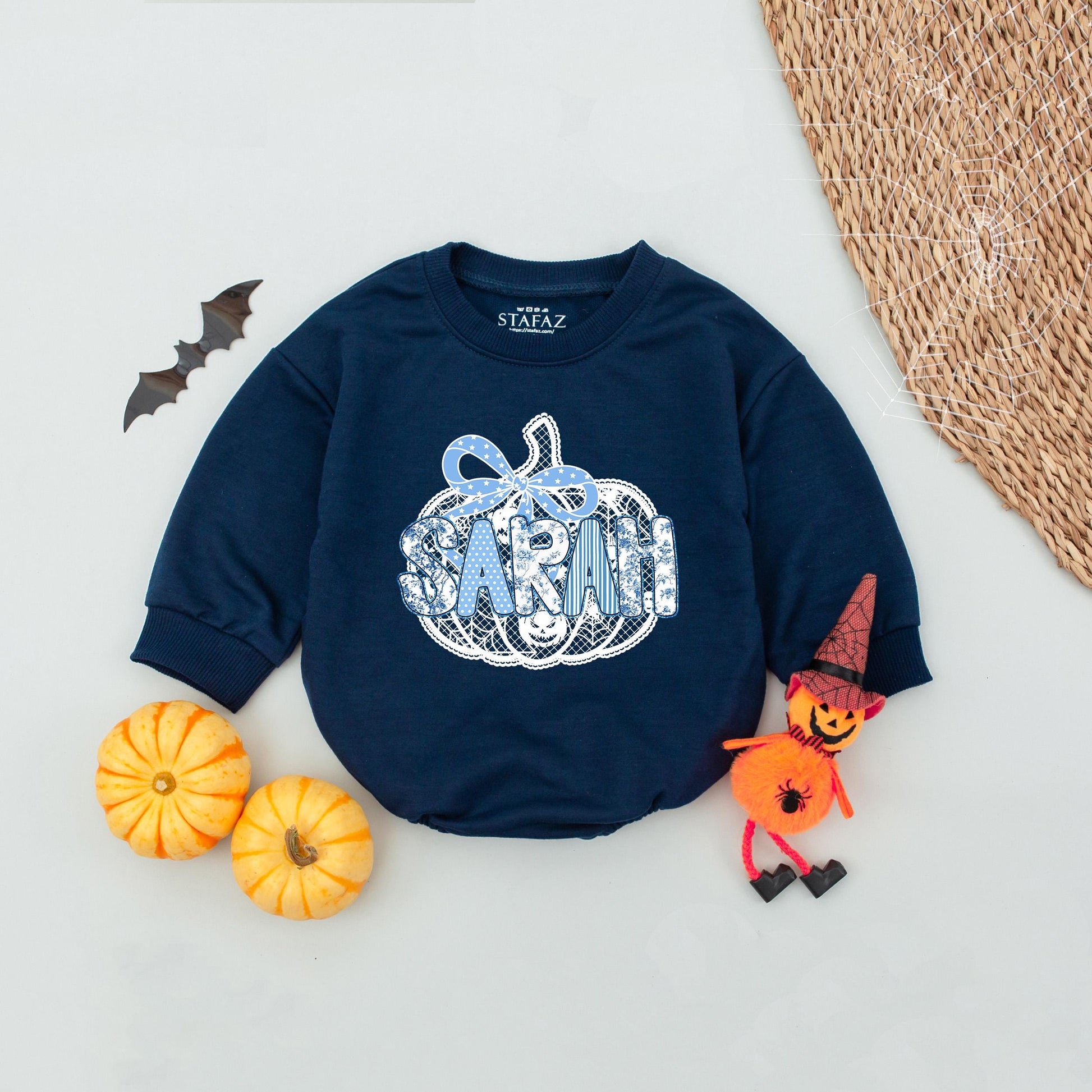 Personalized Black Lace Pumpkin Romper Cute Blue Star Bow Custom Name Halloween Toddler Baby Girl Bodysuit Fall Pumpkin Season Outfit