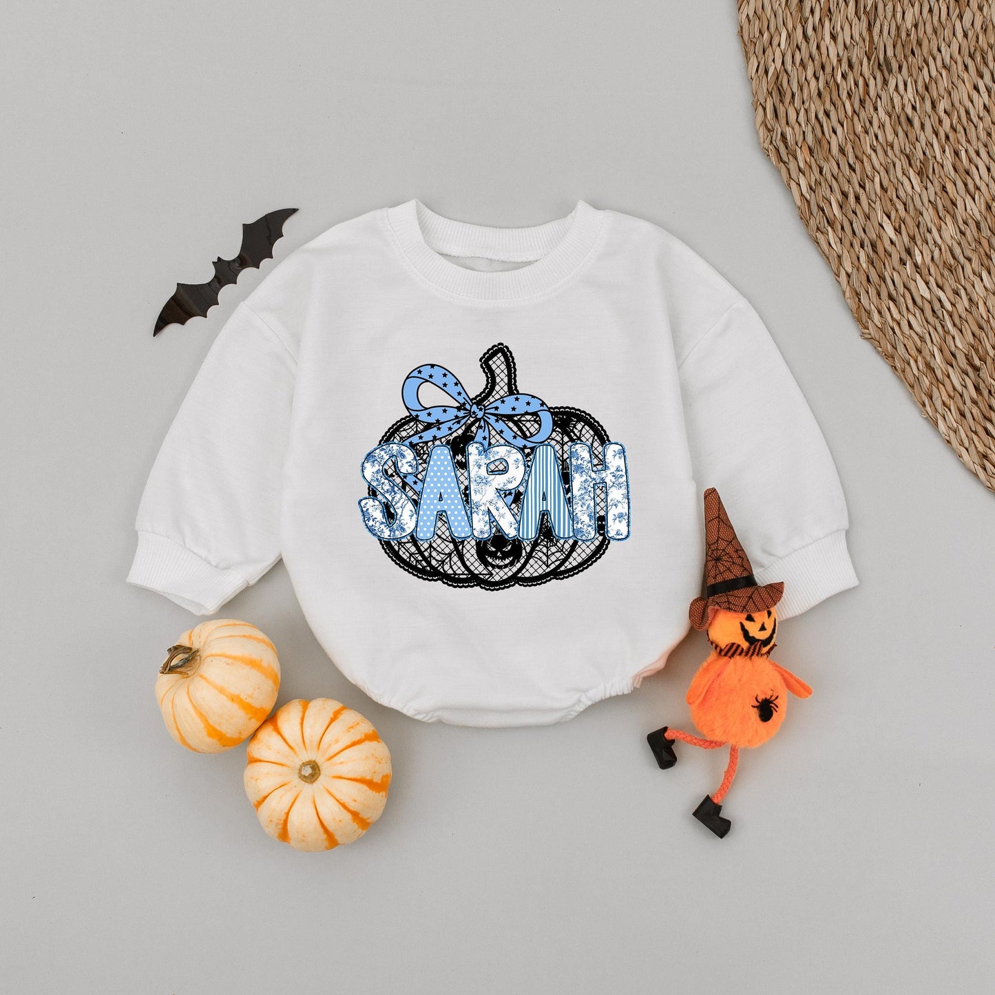 Personalized Black Lace Pumpkin Romper Cute Blue Star Bow Custom Name Halloween Toddler Baby Girl Bodysuit Fall Pumpkin Season Outfit