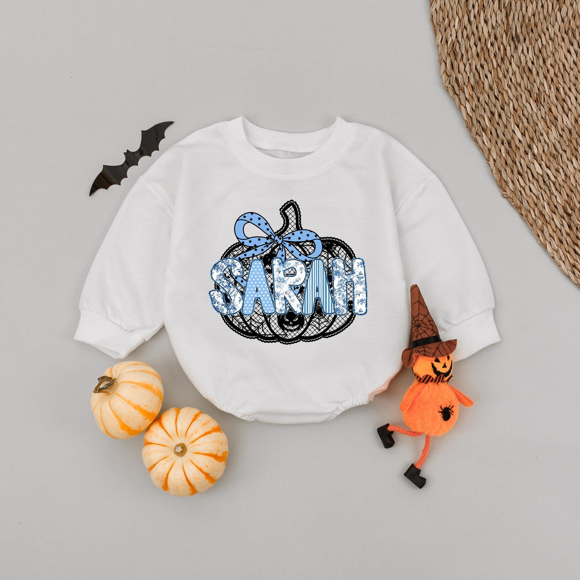 Personalized Black Lace Pumpkin Romper Cute Blue Star Bow Custom Name Halloween Toddler Baby Girl Bodysuit Fall Pumpkin Season Outfit