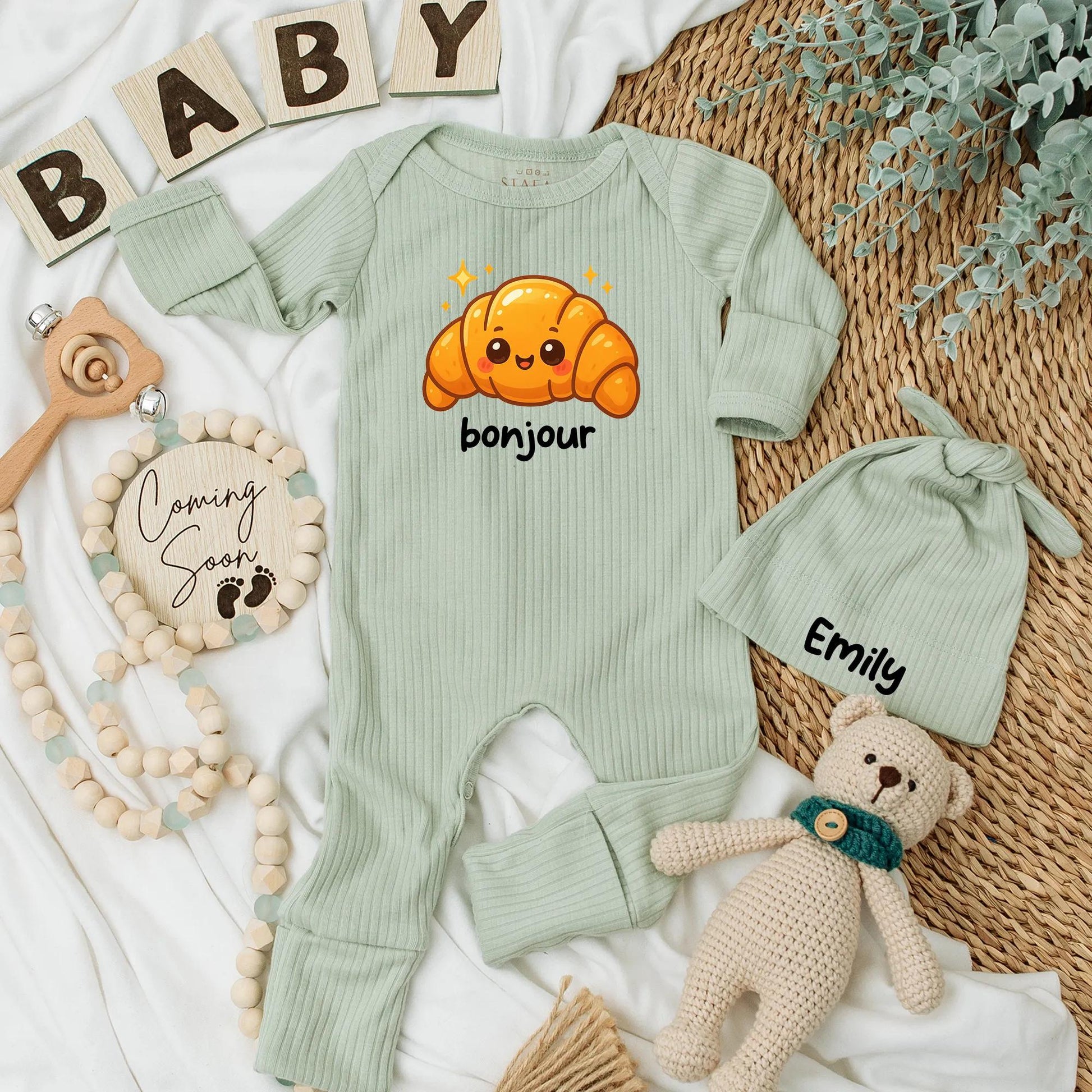 Cute Bonjour Croissant Baby Bodysuit French Food Newborn Outfit Baby Shower Gift Coming Home Outfit Girl Boy Romper