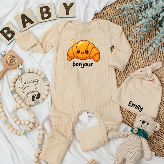 Cute Bonjour Croissant Baby Bodysuit French Food Newborn Outfit Baby Shower Gift Coming Home Outfit Girl Boy Romper