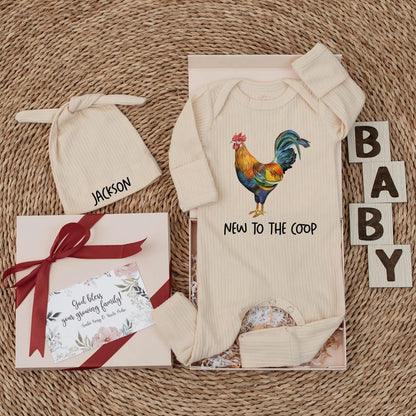 Vibrant Blue Green Red Rooster New to the Coop Baby Bodysuit Farm Animal Newborn Outfit Funny Chicken Baby Clothes Baby Shower Gift