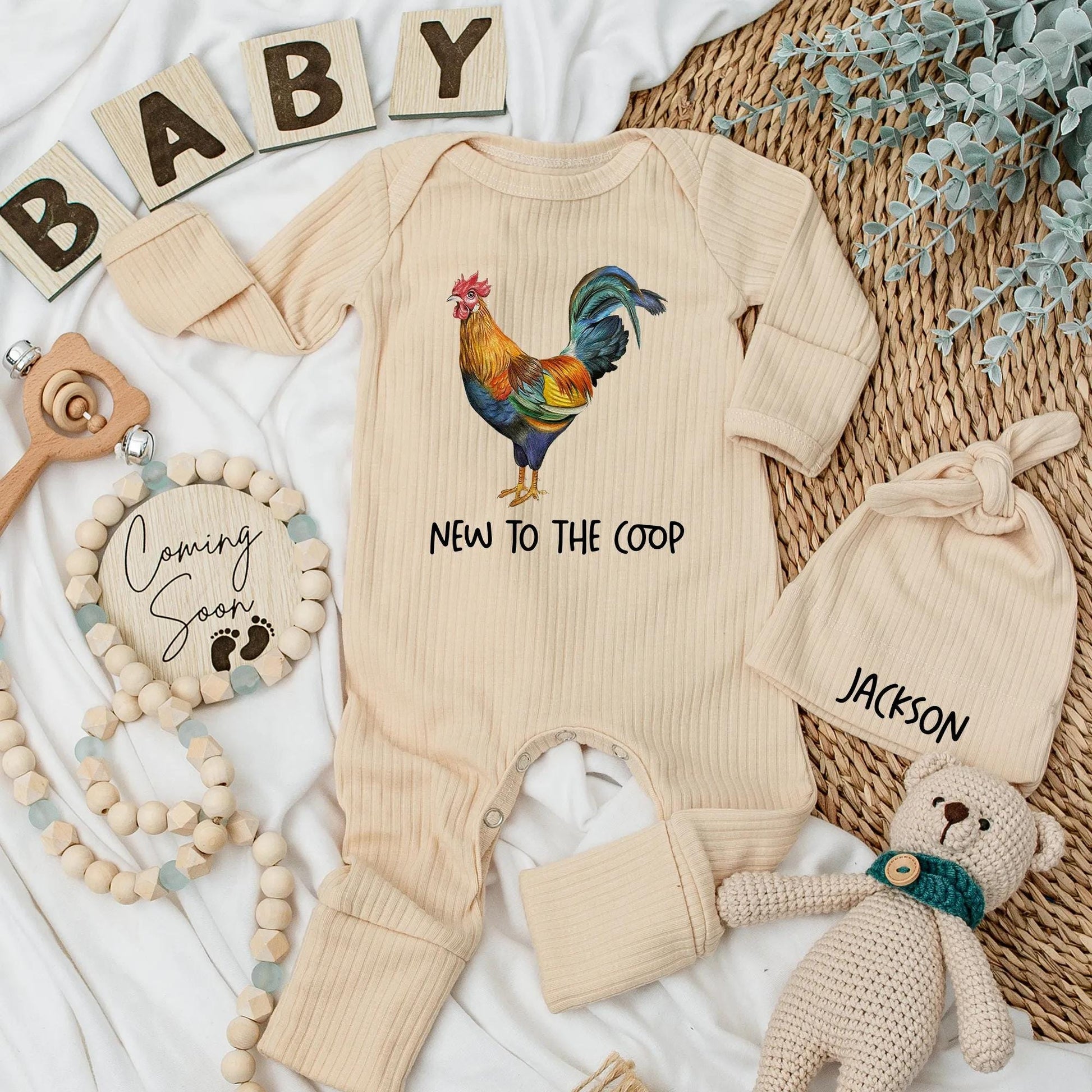 Vibrant Blue Green Red Rooster New to the Coop Baby Bodysuit Farm Animal Newborn Outfit Funny Chicken Baby Clothes Baby Shower Gift