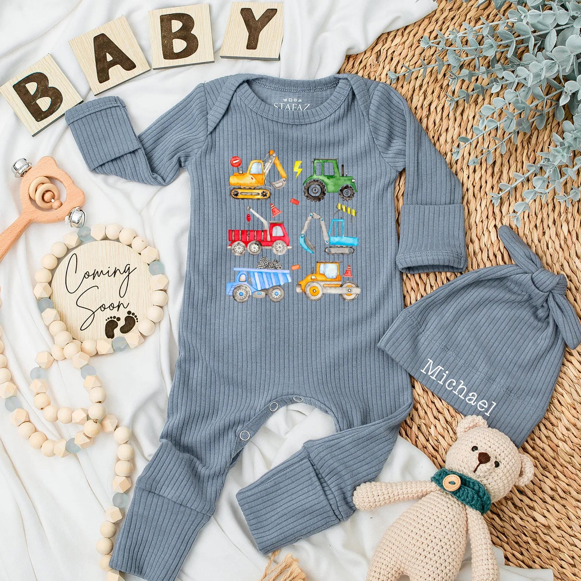 Construction Zone Baby Bodysuit: Cartoon Trucks & Tractors Outfit, Personalized Newborn Gift for Boy, Fun Vehicle Print Clothes Set, Baby Shower Present (138 chars)