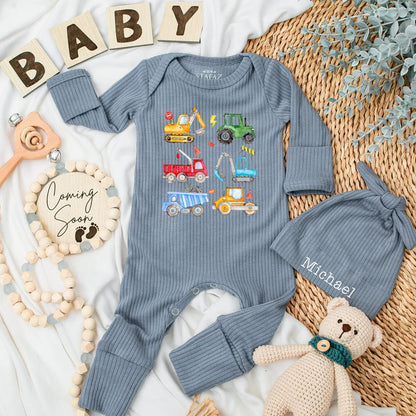 Construction Zone Baby Bodysuit: Cartoon Trucks & Tractors Outfit, Personalized Newborn Gift for Boy, Fun Vehicle Print Clothes Set, Baby Shower Present (138 chars)