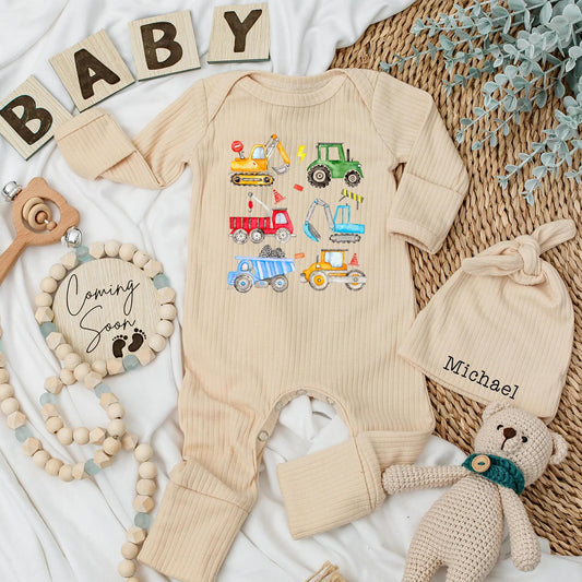 Construction Zone Baby Bodysuit: Cartoon Trucks & Tractors Outfit, Personalized Newborn Gift for Boy, Fun Vehicle Print Clothes Set, Baby Shower Present (138 chars)