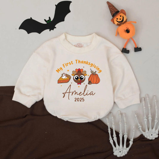 My First Thanksgiving Personalized Romper 2025, Custom Name Baby Turkey Outfit, Festive Fall Infant Bodysuit, Cute 1st Thanksgiving Gift, Stars (140 chars)