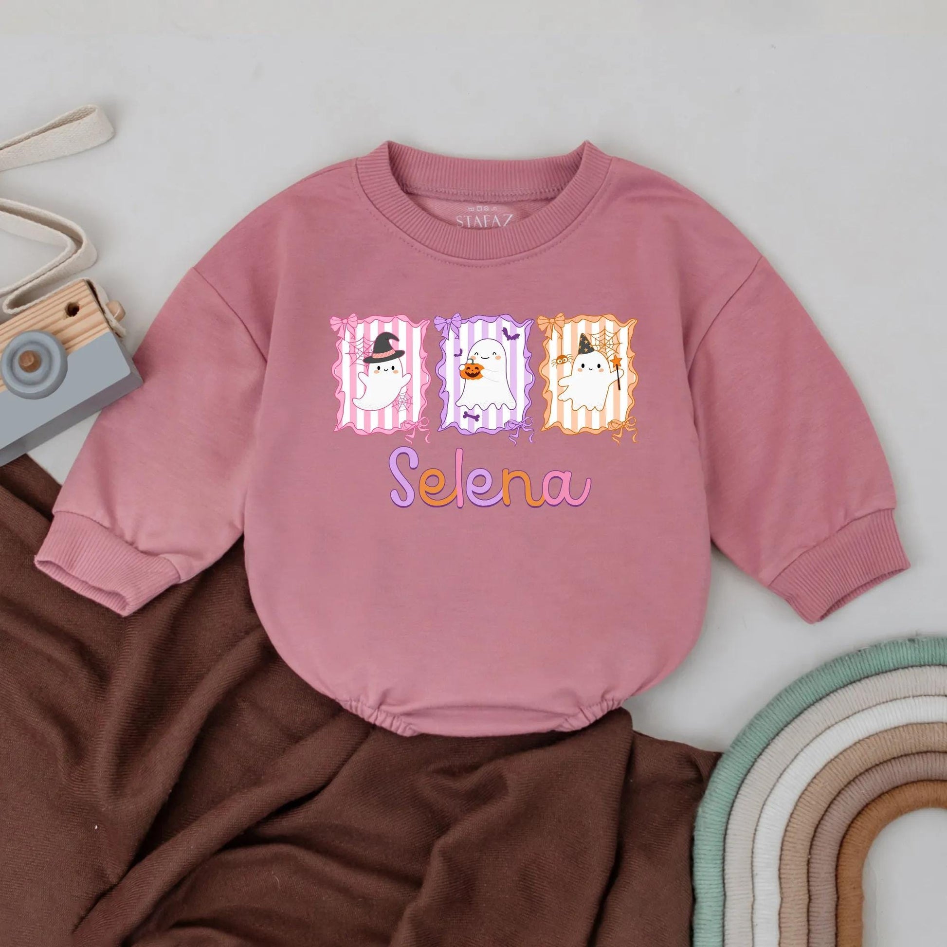 Selena's Spooky Cute Ghost Romper: Custom Pastel Halloween Outfit for Baby Girl, Retro Infant Bodysuit with Witch Hat, Pumpkin, & Wizard's Wand Design (139)