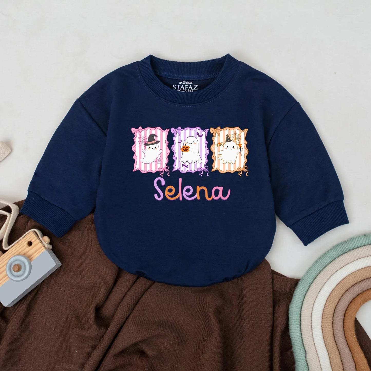Selena's Spooky Cute Ghost Romper: Custom Pastel Halloween Outfit for Baby Girl, Retro Infant Bodysuit with Witch Hat, Pumpkin, & Wizard's Wand Design (139)