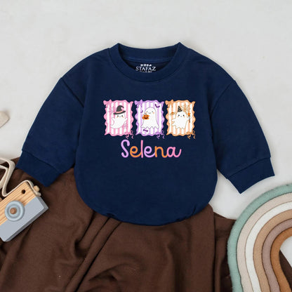 Selena's Spooky Cute Ghost Romper: Custom Pastel Halloween Outfit for Baby Girl, Retro Infant Bodysuit with Witch Hat, Pumpkin, & Wizard's Wand Design (139)
