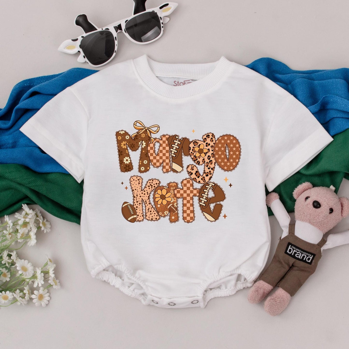 Personalized Margot Kate Football Romper Baby Girl Outfit, Retro Patchwork Design, Custom Name, Football Season Newborn Gift, Game Day Bodysuit