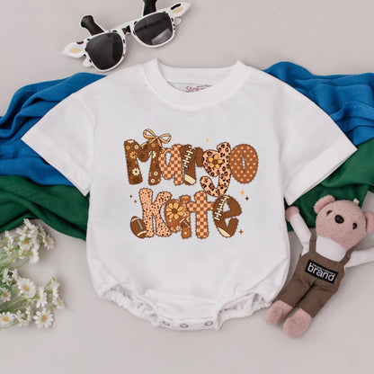 Personalized Margot Kate Football Romper Baby Girl Outfit, Retro Patchwork Design, Custom Name, Football Season Newborn Gift, Game Day Bodysuit