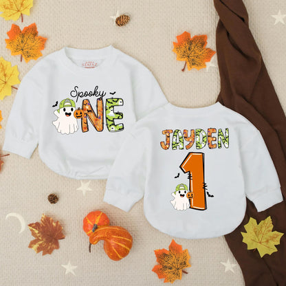 Personalized Spooky One Baby Romper with Ghost & Pumpkin for First Halloween, Custom Infant Boy Girl Outfit, Jayden One Birthday Bodysuit Celebration Gift