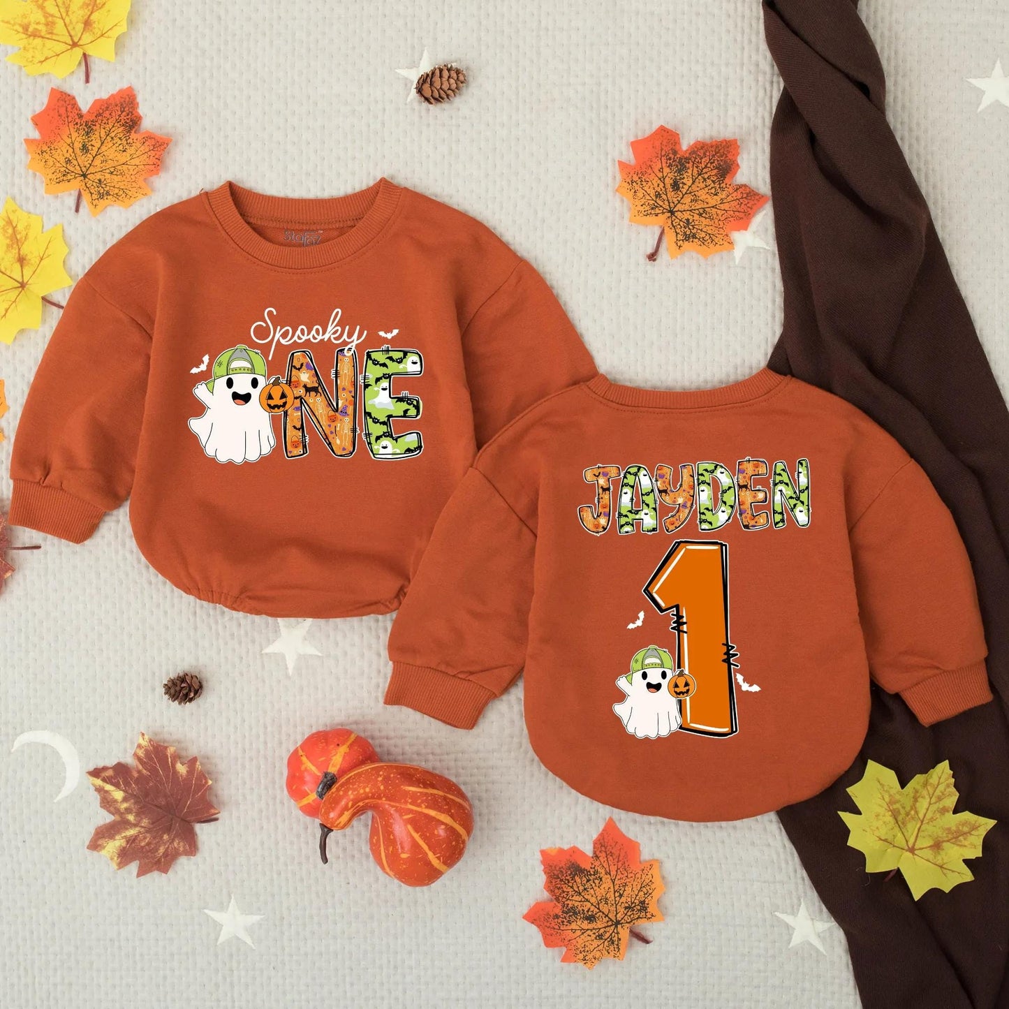 Personalized Spooky One Baby Romper, My First Halloween Outfit, Ghost and Bats Design, Custom Name Birthday Romper, Spooky Season Clothes, Bat Accents 1