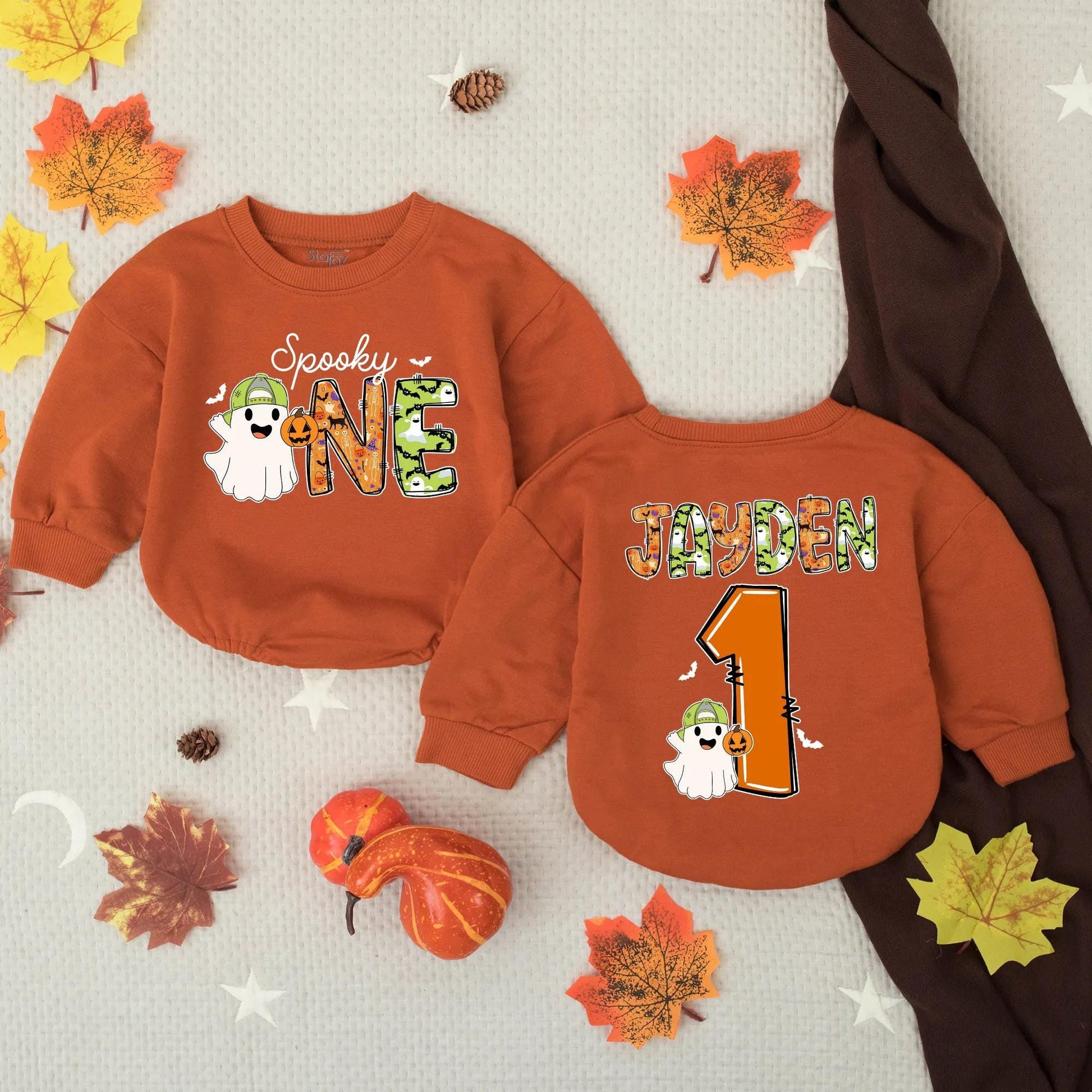 Personalized Spooky One Baby Romper, My First Halloween Outfit, Ghost and Bats Design, Custom Name Birthday Romper, Spooky Season Clothes, Bat Accents 1