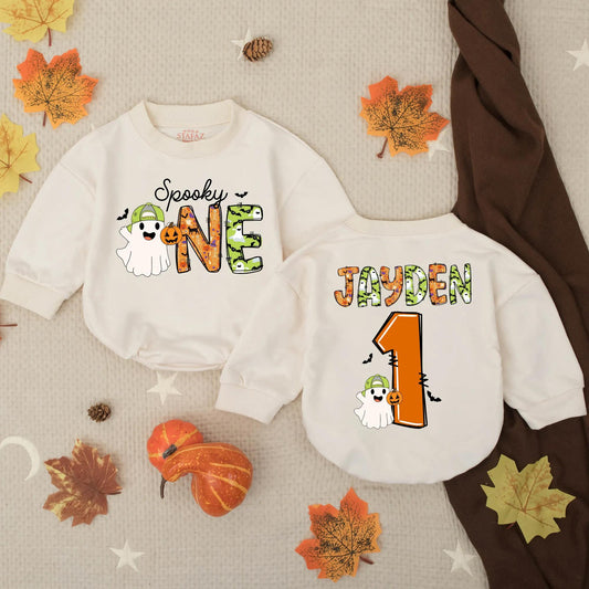 Personalized Spooky One Baby Romper, My First Halloween Outfit, Ghost and Bats Design, Custom Name Birthday Romper, Spooky Season Clothes, Bat Accents 1